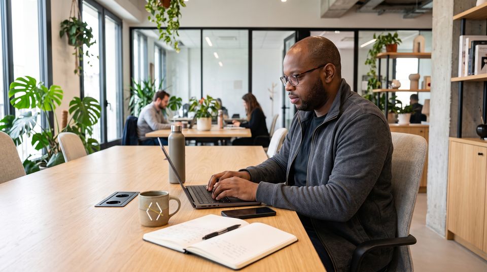 Jean au travail sur son ordinateur portable, dans un espace de coworking