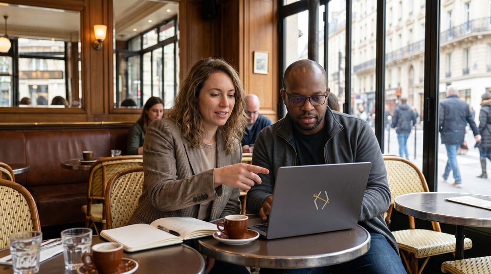 Jean et une cliente devant un ordinateur portable, attablés dans un café parisien