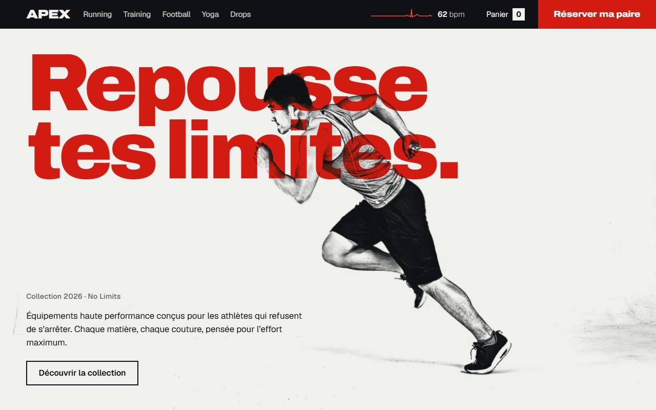 Aperçu de la démo APEX, site de sport animé au scroll (site fictif)